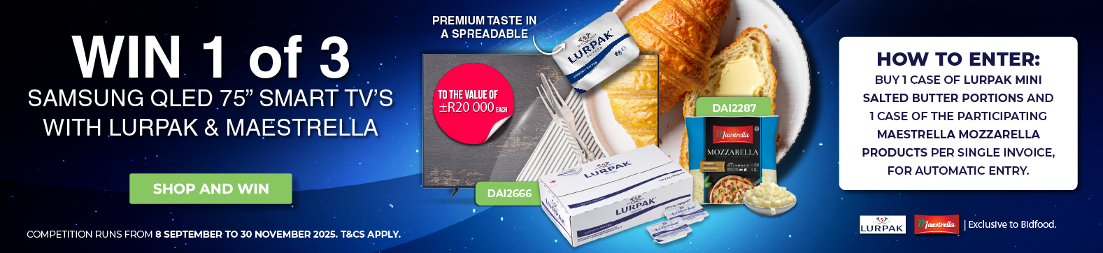 Win 1 of 3 Samsung QLED 75 Inch Smark TV's with Lurpak and Maestrella