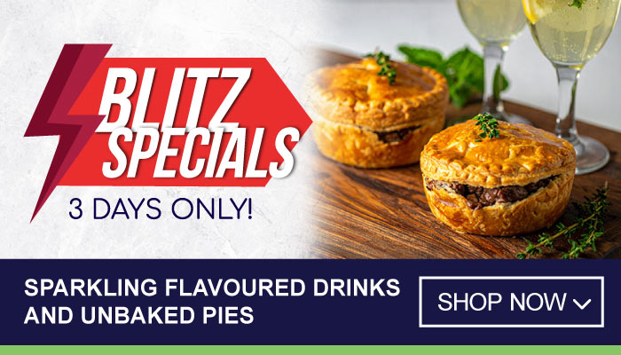 3 Days Blitz Specials on Sparkling Flavoured Drinks and Unbaked Pies - visit MyBidfood to shop now