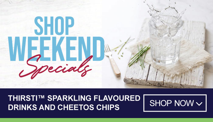 Weekend Specials on Thirsti Sparkling Flavoured Drinks and Cheetos Chips - visit MyBidfood to shop now